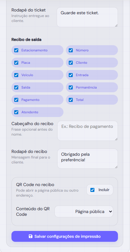 Tela de configuração do recibo de saída do PátioON com QR Code e mensagens personalizadas