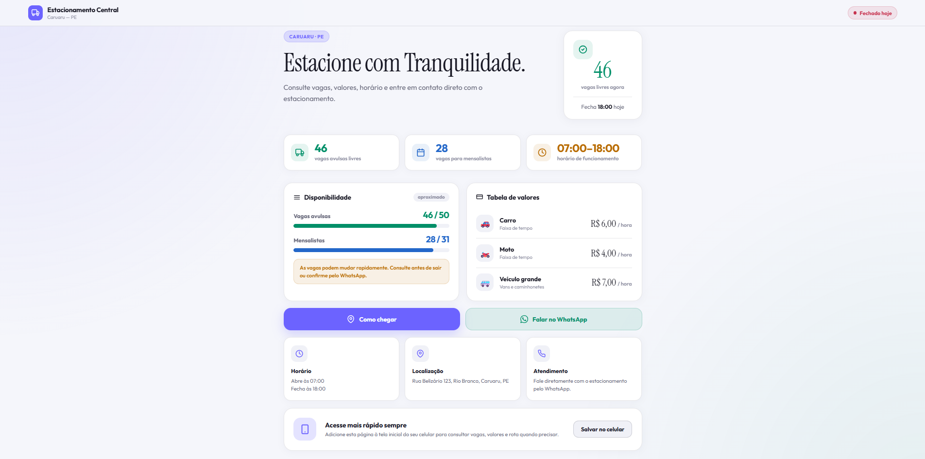 Página pública de um estacionamento no PátioON mostrando vagas livres, tabela de valores, horário e botões de rota e WhatsApp